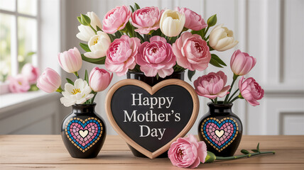 A beautiful floral arrangement with a "happy mother's day" chalkboard sign.