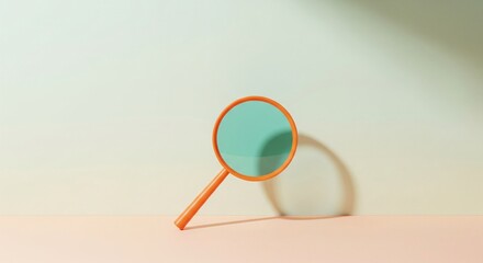 Minimalist orange magnifying glass with teal lens casting shadow on pastel background