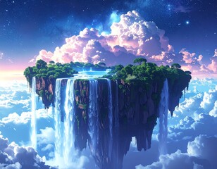 Surreal floating island landscape with cascading waterfall, lush greenery, and vibrant cosmic sky