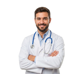 Smiling Bearded Doctor With Crossed Arms In Lab Coat With Stethoscope In Studio Shot Isolated Transparent Background