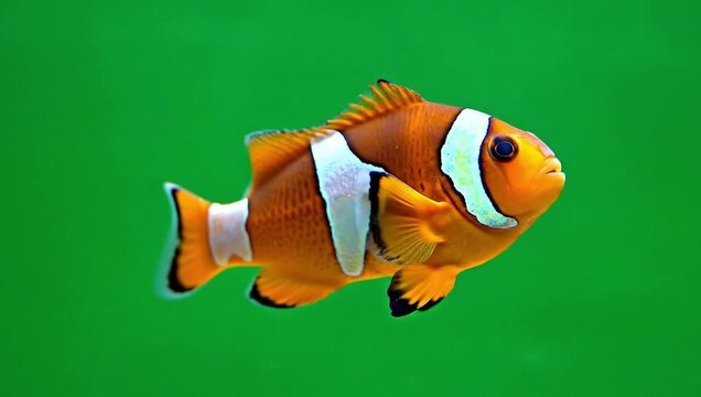 Vibrant Clownfish Swimming Slowly on a Green Screen Background
