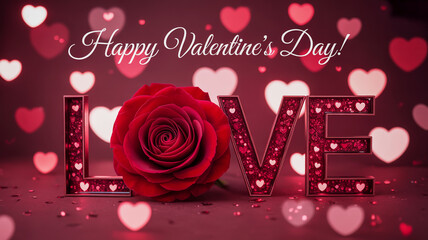 Happy valentine's day with a red rose and the word love illuminated