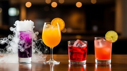 Vibrant craft cocktails including a smoking purple drink and classic margarita displayed on a polished wooden bar top