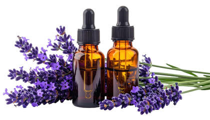 Amber glass bottles of liquid beside vibrant purple lavender flowers