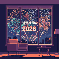 A pixel art illustration capturing the vibrant spirit of a New Year's celebration as magnificent fireworks light up the night sky over a cityscape, welcoming 2026 from a cozy interior