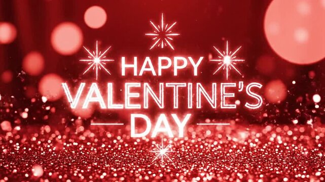 Happy valentines day greeting with white starburst on a red glitter background