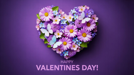 A beautiful heart shape created from vibrant purple and pink flowers with butterflies on a purple background, celebrating valentine's day.