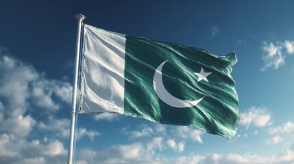 A waving green flag featuring a white crescent and star, symbolizing a nation