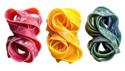 Three colorful bundles of pasta, each vibrant and distinct