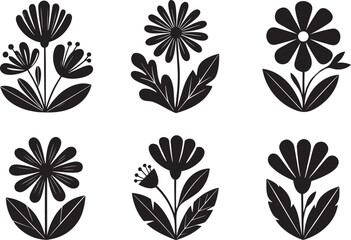 Collection of stylized black and white floral designs with diverse flower and leaf patterns