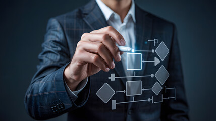 Businessman drawing flowchart diagram with glowing digital pen in dark office