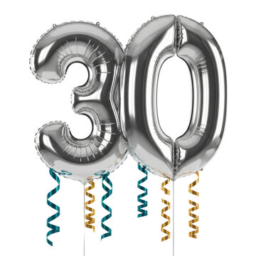 photorealistic silver metallic foil balloons forming '30', with cascading teal and gold satin ribbons, isolated on a seamless transparent background under soft high-key light. Concept for 30th