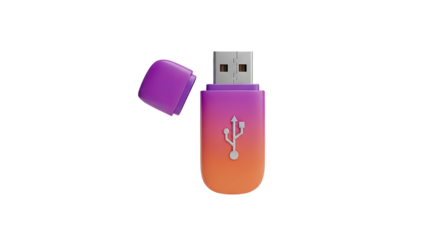 3D USB flash drive with cap open and USB logo on transparent background