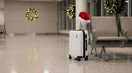 White suitcase with red santa hat in empty airport terminal waiting area decorated with festive holiday wreaths at night