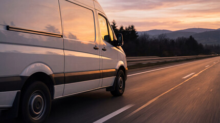 white delivery van driving on highway at sunset with motion blur and empty road leading through rural landscape and distant hills