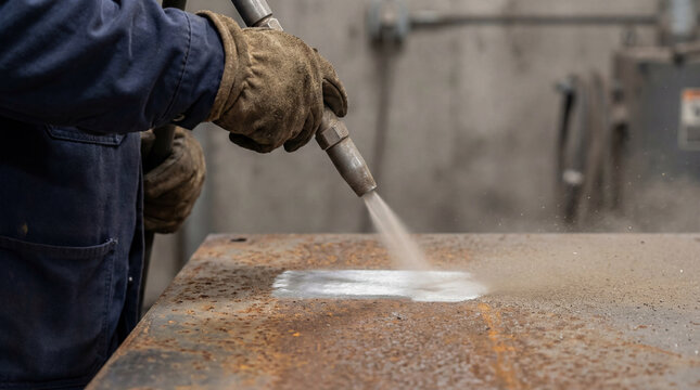 industrial worker using abrasive blasting equipment to clean rusted metal surface in workshop environment with protective gloves