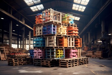 Pallets and crates forming a large, colorful modular structure inside a spacious industrial warehouse
