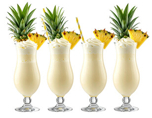 Four tropical cocktails with pineapple garnish and whipped cream