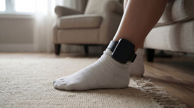Close up of person wearing electronic ankle monitor at home, concept of surveillance, house arrest, legal restriction and control