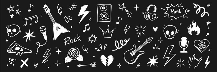 Hand drawn doodle music icons with rock elements, lightning bolts and graffiti style tattoo stickers for creative band designs on chalkboard. Marker sketch music icons. Vector illustration
