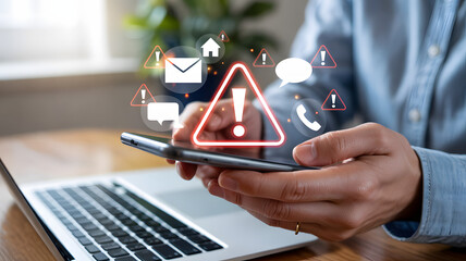 Person holding smartphone with warning icons floating above screen in office