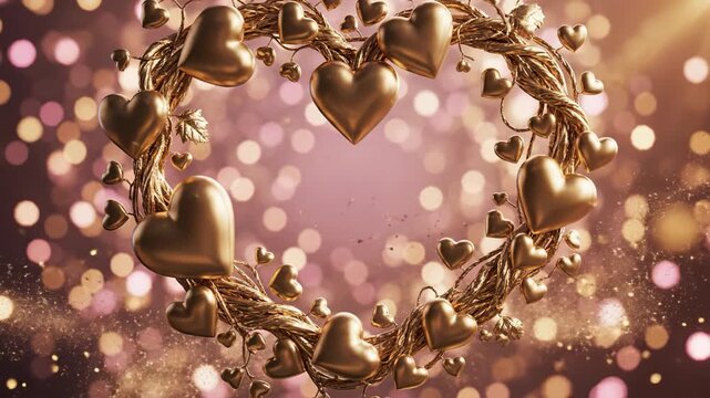 Gold heart wreath metallic romantic decoration bokeh background golden ribbon festive celebration luxury texture warm glow romantic ornament conveying warmth and shimmering elegance