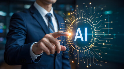 Businessman interacting with futuristic AI interface in modern office