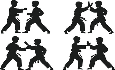 Silhouettes of children practicing karate martial arts in various combat poses for sports training and discipline