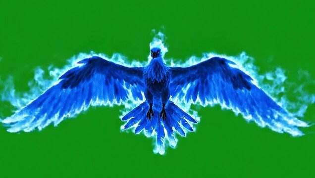 Majestic Blue Flame Phoenix Bird Glowing Animation on Green Screen Loop