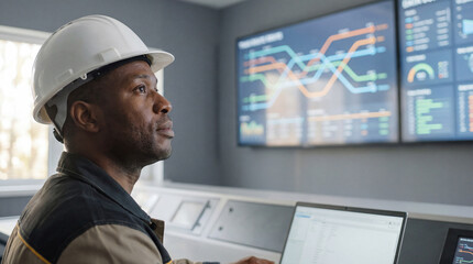 Skilled industrial engineer monitoring real time production analytics on digital dashboards in modern control room environment
