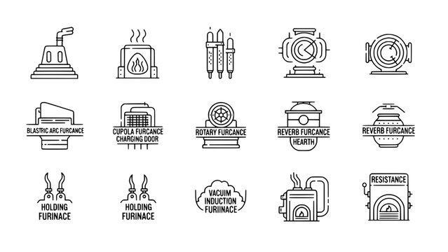 Furnaces showcase types designs equipment in industry line icons collection on white or Industrial furnaces displays manufacturing technology elements in outline icons on white
