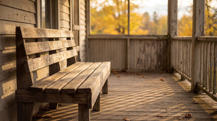 weathered wooden bench on rustic farmhouse porch with warm autumn sunlight casting long shadows and golden trees in background