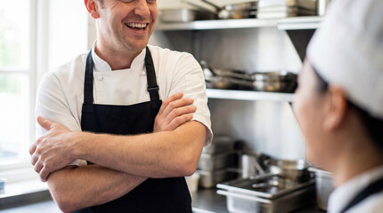 smiling male chef in professional kitchen talking with colleague during relaxed break in bright natural light culinary workspace