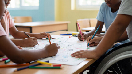Children collaborating on colorful drawing project at classroom table promoting creativity, inclusion and learning with diverse abilities