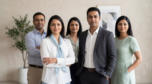 Indian business team posing confidently in modern office, diverse professionals standing together and smiling in contemporary workplace setting - Powered by Adobe