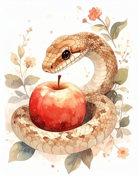 ルノルマン「蛇」植物と果実に囲まれた水彩画イラスト / Lenormand Snake with Plants and Berries Watercolor Illustration