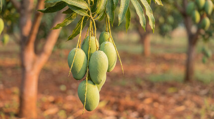 Green mangoes hanging on tree branch in sunlit orchard with blurred background during early morning agricultural harvest season