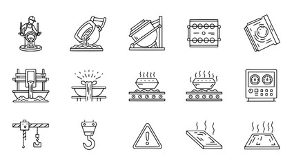 Metallurgy worker pours metal in factory environment or Metallurgy equipment processes steel in industrial background