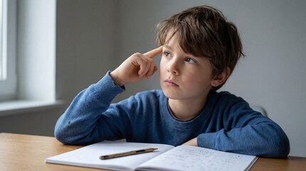 Thoughtful schoolboy sitting at desk with open notebook, doing homework and daydreaming while looking away in quiet classroom interior