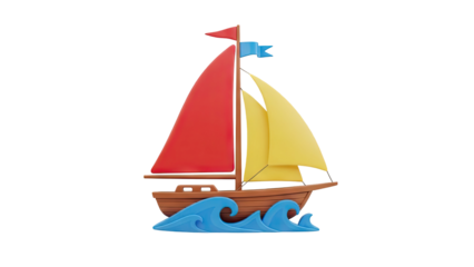 3D Cartoon sailboat with red and yellow sails on blue waves on transparent background