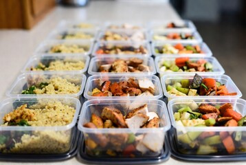 Meal prep containers filled with cooked chicken, grains, and