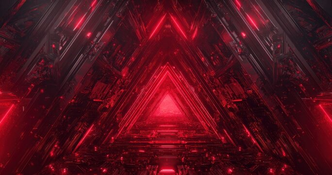 Abstract red triangular tunnel interior with neon lighting and modern design