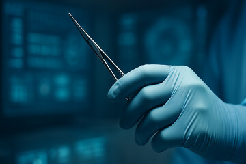 Close up of surgeon hand in blue glove holding surgical forceps against a digital medical data screen