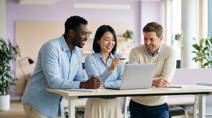 Collaborative diverse team standing at modern office desk, smiling and discussing project while working together on an open laptop