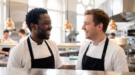 Smiling multicultural chefs talking in modern professional kitchen, enjoying teamwork and collaboration during busy restaurant service