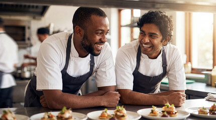 Smiling chefs in a professional kitchen preparing gourmet appetizer plates and enjoying a friendly conversation during service