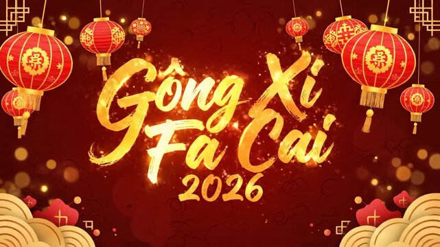 A vibrant digital illustration celebrating Chinese New Year 2026 with the fire horse zodiac, featuring red lanterns and golden accents on a dark red background with a festive mood.