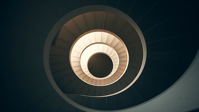 narrowing. Aerial view of a spiral staircase structure narrowing towards the top in minimalist concrete architecture. real-estate listings.