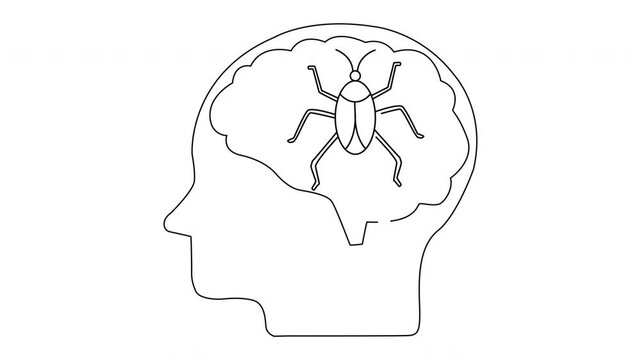 A blacklined head profile displays a brain inside which rests a stylized beetle