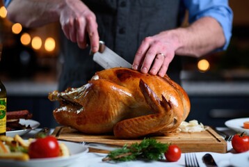 Chef carving a golden brown roasted turkey with a knife on a wooden…